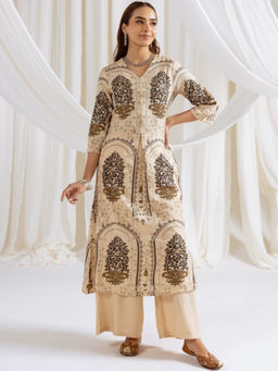 ISHIN - Cream Women Ethnic Motifs Printed Regular Kurta With Pant (Set of 2)