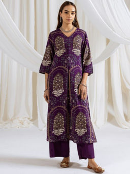 ISHIN - Purple Women Floral Printed Regular Kurta With Pant (Set of 2)