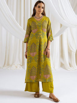 ISHIN - Green Women Floral Printed Regular Kurta With Pant (Set of 2)