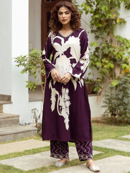 ISHIN - Purple Women Floral Printed Regular Kurta With Pant (Set of 2)