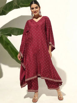 ISHIN - Maroon Women Printed V-Neck Regular Kurta With Pant (Set of 2)