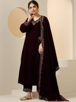 ISHIN - Purple Women Floral Printed Regular Velvet Kurta With Pant & Dupatta (Set of 3)