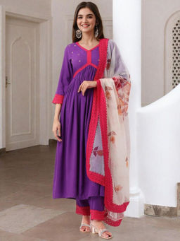 ISHIN - Purple Women Printed Regular Velvet Kurta With Pant & Dupatta (Set of 3)