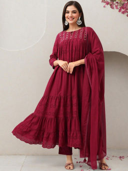 ISHIN - Red Women Ethnic Motifs Embroidered Cotton Kurta With Pant & Dupatta (Set of 3)