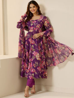 ISHIN - Purple Women Floral Printed Regular Velvet Kurta With Pant & Dupatta (Set of 3)
