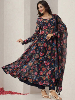 ISHIN - Navy Blue Women Floral Printed Regular Velvet Kurta With Pant & Dupatta (Set of 3)