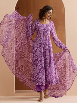 ISHIN - Purple Women Bandhani Printed Regular Velvet Kurta With Pant & Dupatta (Set of 3)