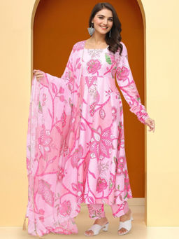 ISHIN - Pink Women Floral Printed Regular Kurta With Pant & Dupatta (Set of 3)