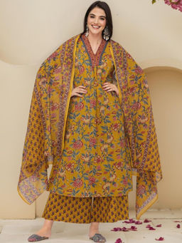 ISHIN - Mustard Floral Printed Pure Cotton A-Line Kurta With Pant And Dupatta (Set of 3)