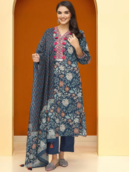 ISHIN - Navy Blue Women Floral Printed Regular Pure Cotton Kurta With Pant & Dupatta (Set of 3)