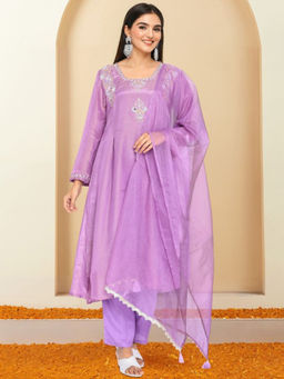 ISHIN - Purple Embroidered Thread Work A-Line Kurta With Pant & Dupatta (Set of 3)