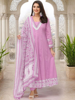 ISHIN - Purple Women Floral Printed Regular Pure Cotton Kurta With Pant & Dupatta (Set of 3)