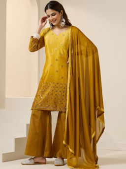 ISHIN - Yellow Women Floral Printed Regular Kurta With Palazzo & Dupatta (Set of 3)