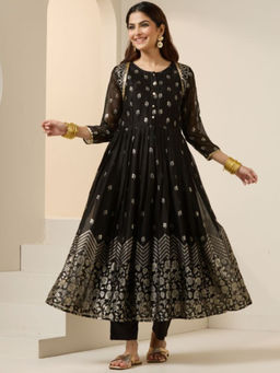 ISHIN - Black Women Floral Printed Regular Mukaish Kurta With Pant & Dupatta (Set of 3)