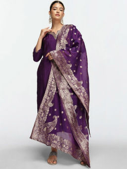 ISHIN - Purple Woven Design Embroidered Straight Kurta With Pant And Dupatta (Set of 3)
