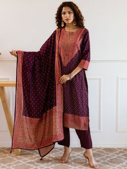 ISHIN - Wine Women Printed Regular Kurta With Pant & Dupatta (Set of 3)