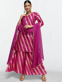 ISHIN - Purple Women Printed Regular Kurta With Sharara & Dupatta (Set of 3)