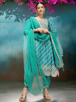 ISHIN - Green Women Leheriya Embroidered Kurta With Pant And Dupatta (Set of 3)