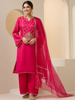ISHIN - Pink Floral Embroidered Yoke Design Notch Neck Kurta With Palazzo & Dupatta (Set of 3)