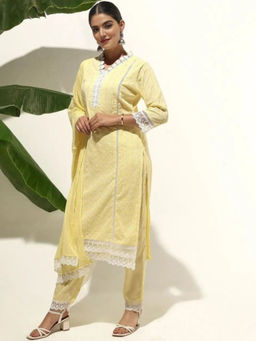 ISHIN - Yellow Floral V-Neck Pure Cotton Straight Kurta with Pant & Dupatta (Set of 3)