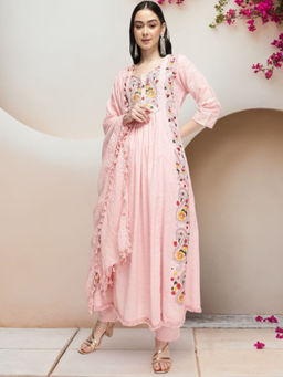 ISHIN - Pink Floral Round Neck Pure Cotton A-Line Kurta with Pant & Dupatta (Set of 3)