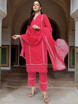 ISHIN - Pink Women Embroidered V-Neck Pure Cotton Straight Kurta with Pant & Dupatta (Set of 3)