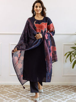 ISHIN - Navy Blue Women Ethnic Motifs Printed Regular Kurta With Pant & Dupatta (Set of 3)