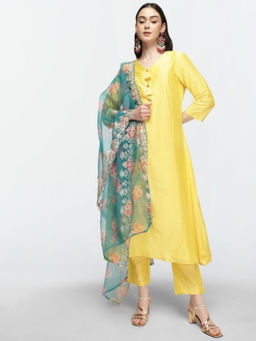 ISHIN - Yellow Women V-Neck A-Line Kurta with Pant & Dupatta (Set of 3)