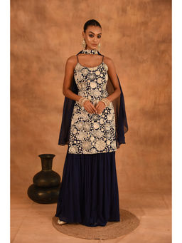 LAALZARI - Floral Navy Blue White Kurta With Sharara & Dupatta (Set of 3)