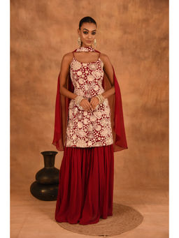 LAALZARI - Tomato Red Floral Georgette Kurta With Sharara & Dupatta (Set of 3)