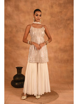 LAALZARI - White Foil Mirror Work Kurta With Sharara & Dupatta (Set of 3)