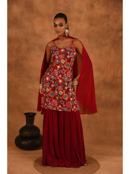 LAALZARI - Red Floral Georgette Kurta With Sharara & Dupatta (Set of 3)
