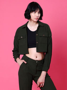 Freehand - Women Regular Fit Textured Corduroy Crop Shirt with Patch Pocket