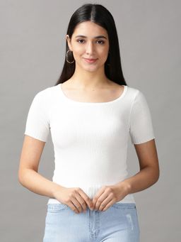 SHOWOFFFF - Womens Round Neck Fitted Solid White Top