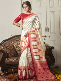 Akhilam - Women Silk Blend Off White Printed Celebrity Saree with Unstitched Blouse