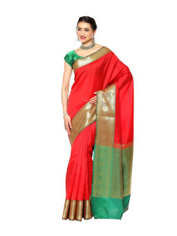 Banarasi Silk Works - Red Valkalam Katan Silk Anchal Saree with Unstitched Blouse