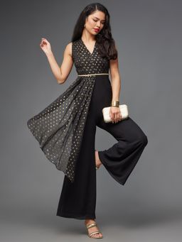 Miss Chase - Women's Black V Neck Sleeveless Draped Regular Length Dress