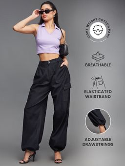 Miss Chase - Women's Black Straight-Fit High-Rise Light Weight Denim Parachute Pants