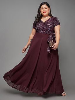 Miss Chase - A+ Curve Collection Plus Size Self-Designed Lace Overlaid Dress - Wine