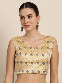 Mimosa - Women Beige & Blue Woven Design Readymade Saree Blouse