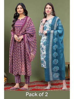Rajnandini - Multi-Colour Blend Floral Printed Straight Kurta with Pant and Dupatta (Pack of 2)