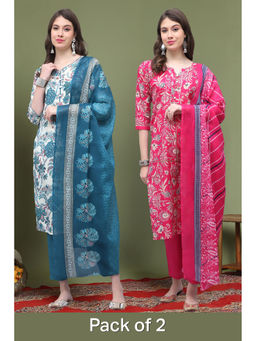 Rajnandini - Multi-Colour Blend Floral Printed Straight Kurta with Pant and Dupatta (Pack of 2)