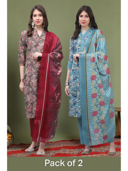 Rajnandini - Multi-Colour Blend Floral Printed Straight Kurta with Pant and Dupatta (Pack of 2)