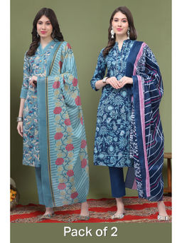 Rajnandini - Multi-Colour Blend Floral Printed Straight Kurta with Pant and Dupatta (Pack of 2)