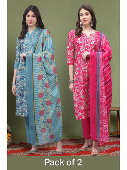 Rajnandini - Multi-Colour Blend Floral Printed Straight Kurta with Pant and Dupatta (Pack of 2)