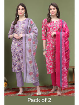 Rajnandini - Multi-Colour Blend Floral Printed Straight Kurta with Pant and Dupatta (Pack of 2)