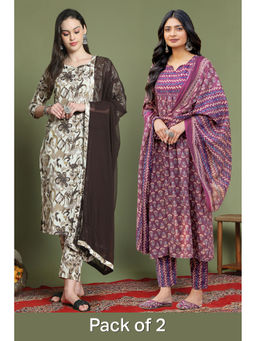 Rajnandini - Multi-Colour Blend Floral Printed Straight Kurta with Pant and Dupatta (Pack of 2)