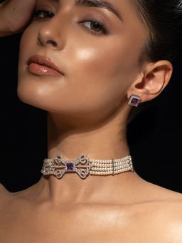 Voylla - Purple Halo Essence Bow Choker Necklace with Earrings