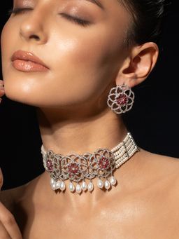 Voylla - Pink Halo Essence Mandala Floral Choker Necklace with Earrings