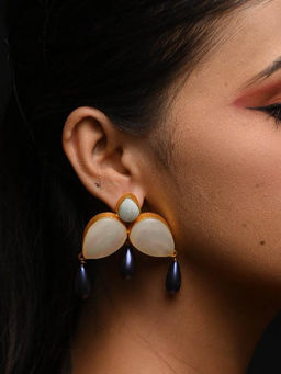The Bling Girll - Cream-Colored Stones and Dangling Dark Purple Teardrop Beads Earrings